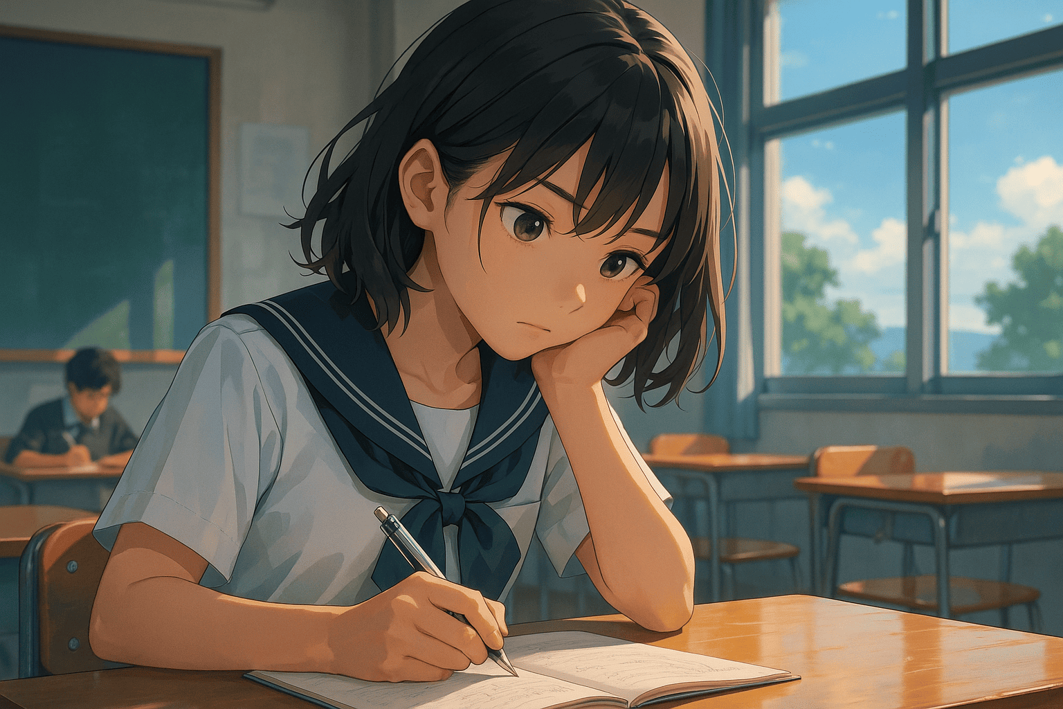 夕方の教室で、ノートに向かって静かに考える中学生男女。柔らかな夕日の光に包まれたイラスト。