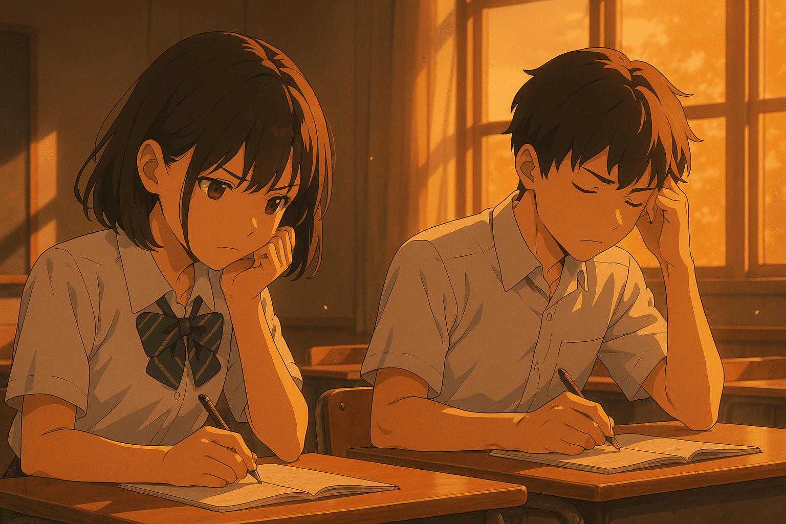夕方の教室で男女の中学生が机に向かい、ノートを開いて考え込んでいる。窓から柔らかな光が差し込み、思索的な雰囲気を感じさせるイラスト。