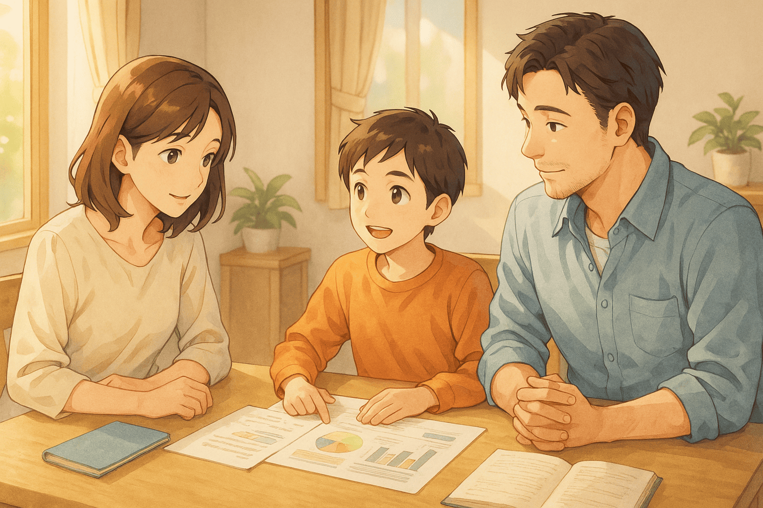 中学受験や進路選択について家族で相談している日本人の親子のイラスト