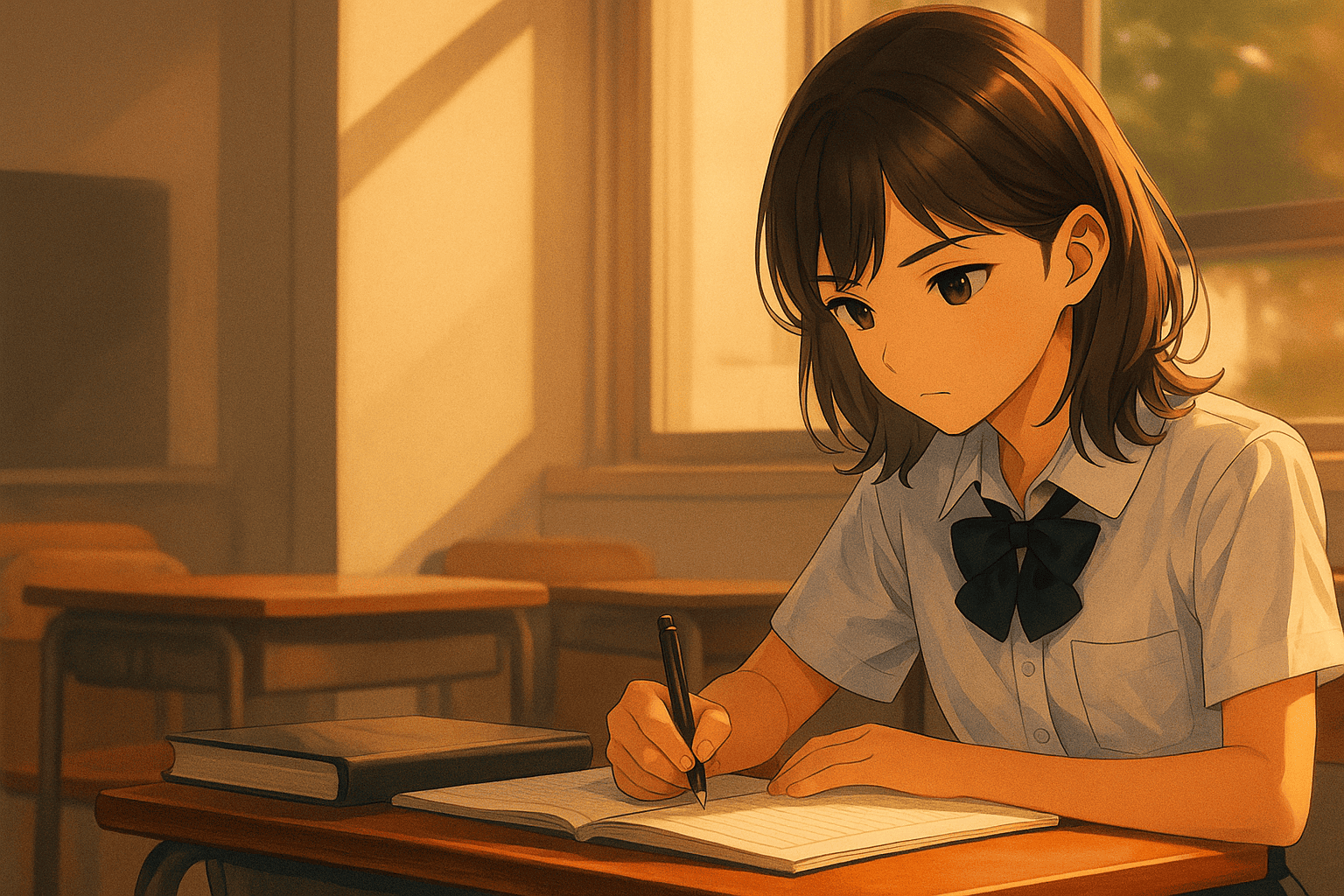 教室で中学生がノートを開き、考え込むように学んでいる。夕方の柔らかな光に包まれ、思考の深まりを感じさせるイラスト。