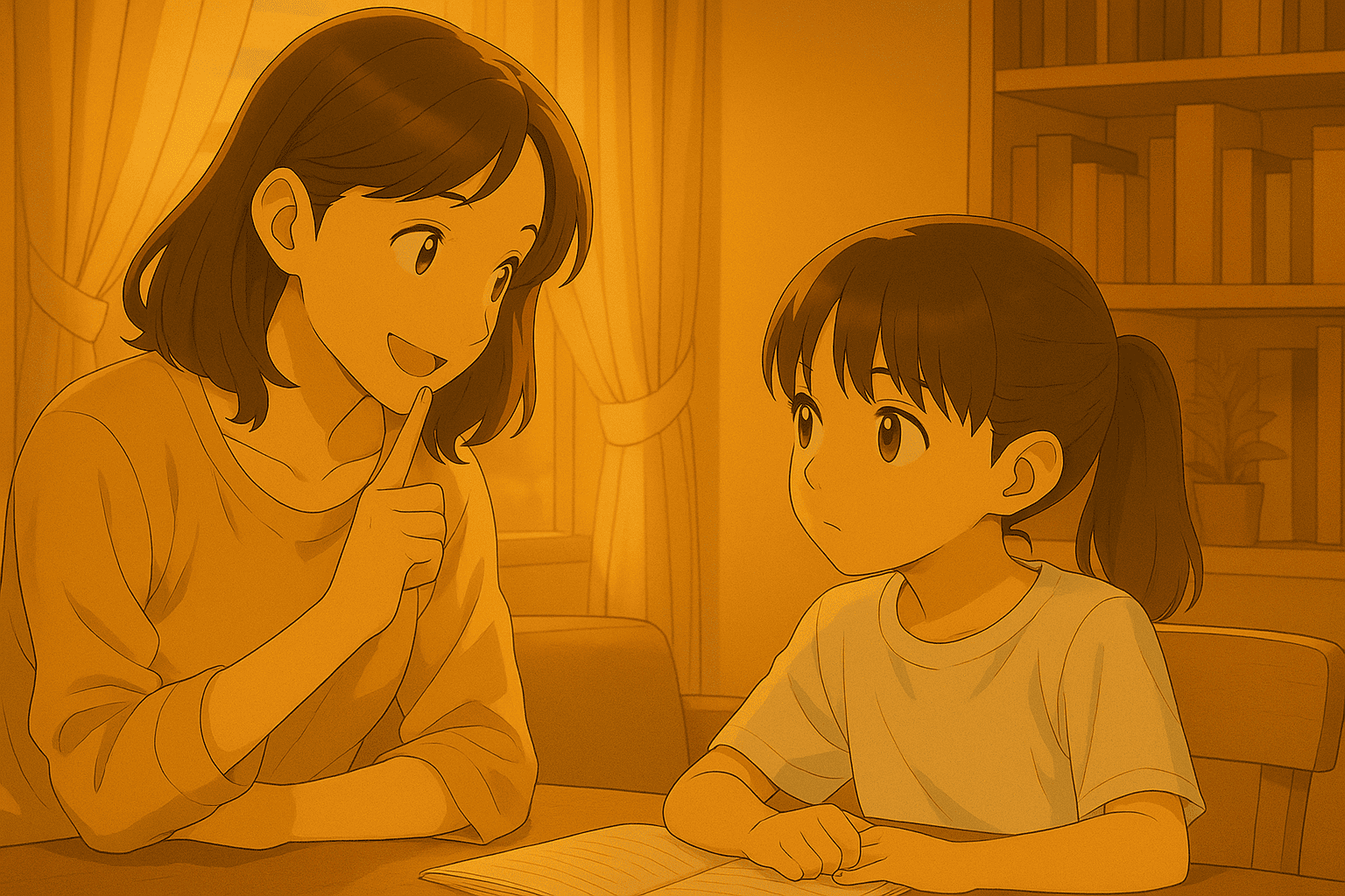 夕暮れのリビングで、母親と子どもが机に向かい、本を読みながら会話しているリアルアニメ風イラスト。柔らかな光に包まれた、家庭の温かい学びの時間。
