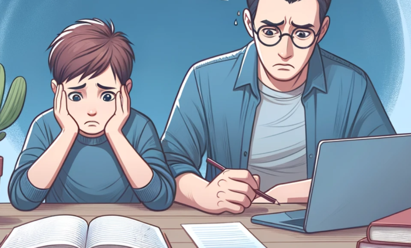 A Worried Parent and Child Looking at Study Materials