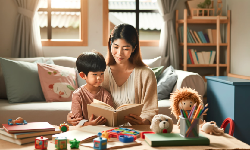 知育玩具や本に囲まれて、一緒に読書をする母と子