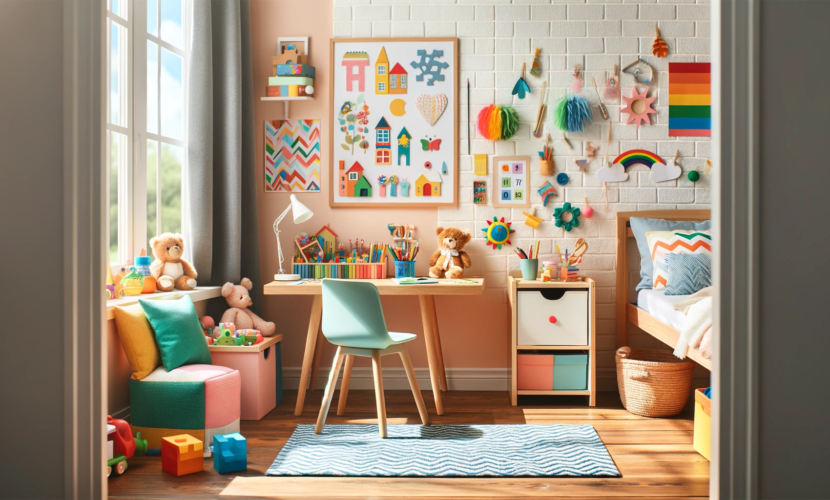 教育玩具と勉強机を備えた学齢期の子供のためのカラフルで魅力的な子供部屋