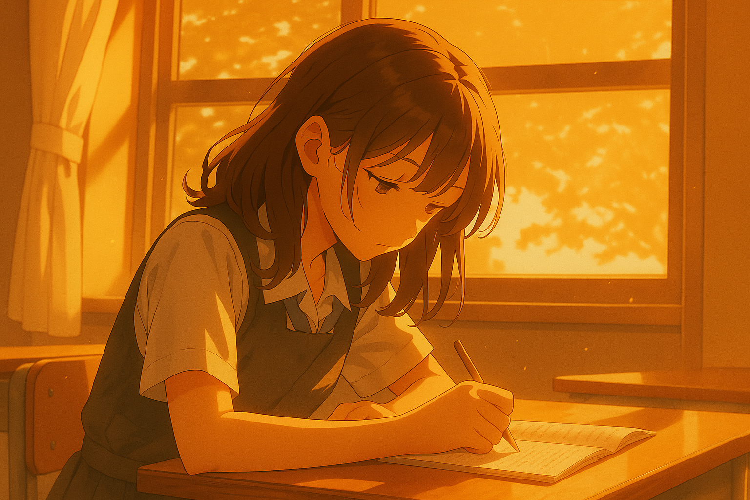 教室で女子中学生が机に向かい、考え込むように静かに座っている。窓から明るい光が差し込み、柔らかな空気感と静かな集中を感じるイラスト