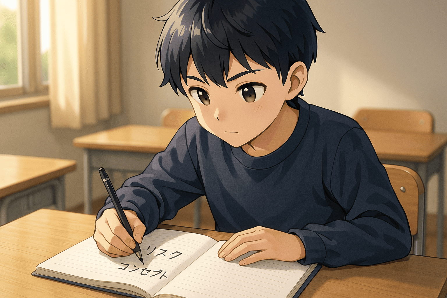 日本の教室で子どもがカタカナ語の意味を考えながらノートに書き留めている様子。自然光が差し込み、思考に集中する姿を描いたイラスト。