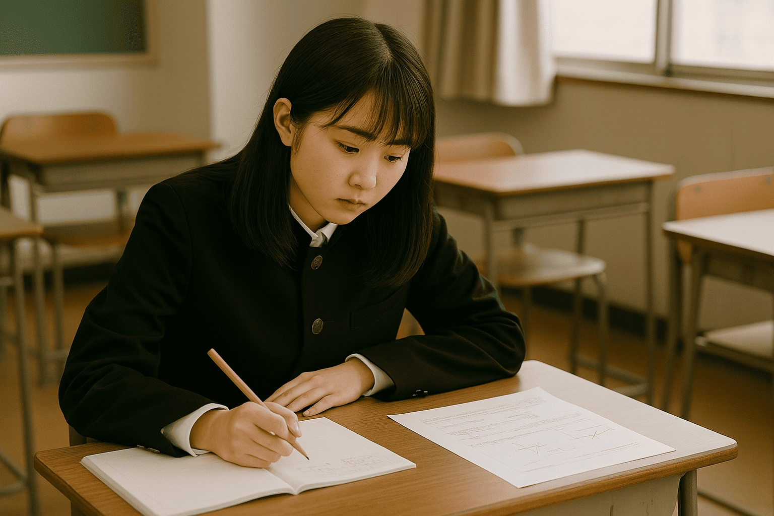 塾の教室で中学２年生が受験生になる前に数学の総復習に取り組んでいる様子