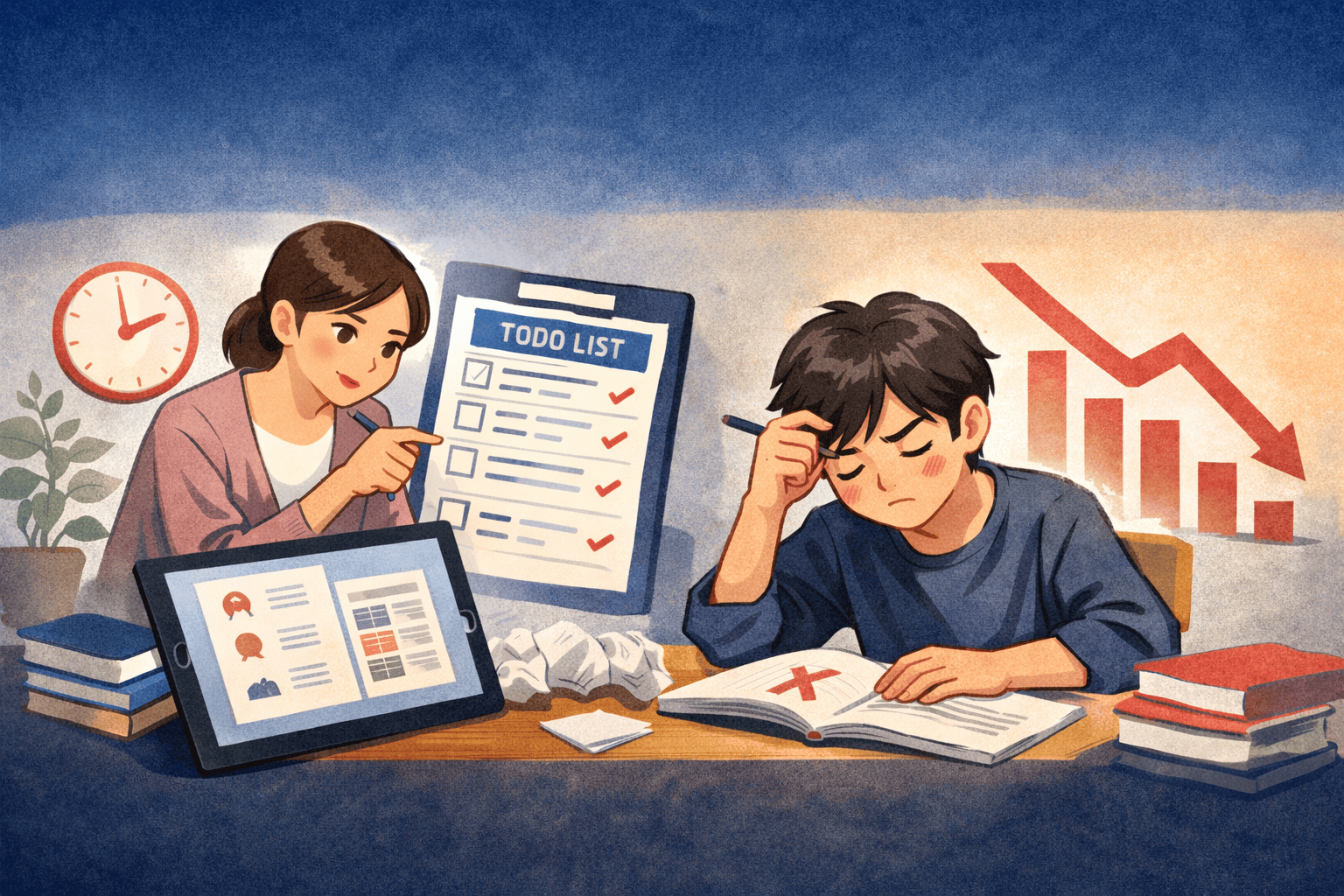 宿題を細かく管理されて悩む子どもと、それを見守る保護者の様子を描いたイラスト