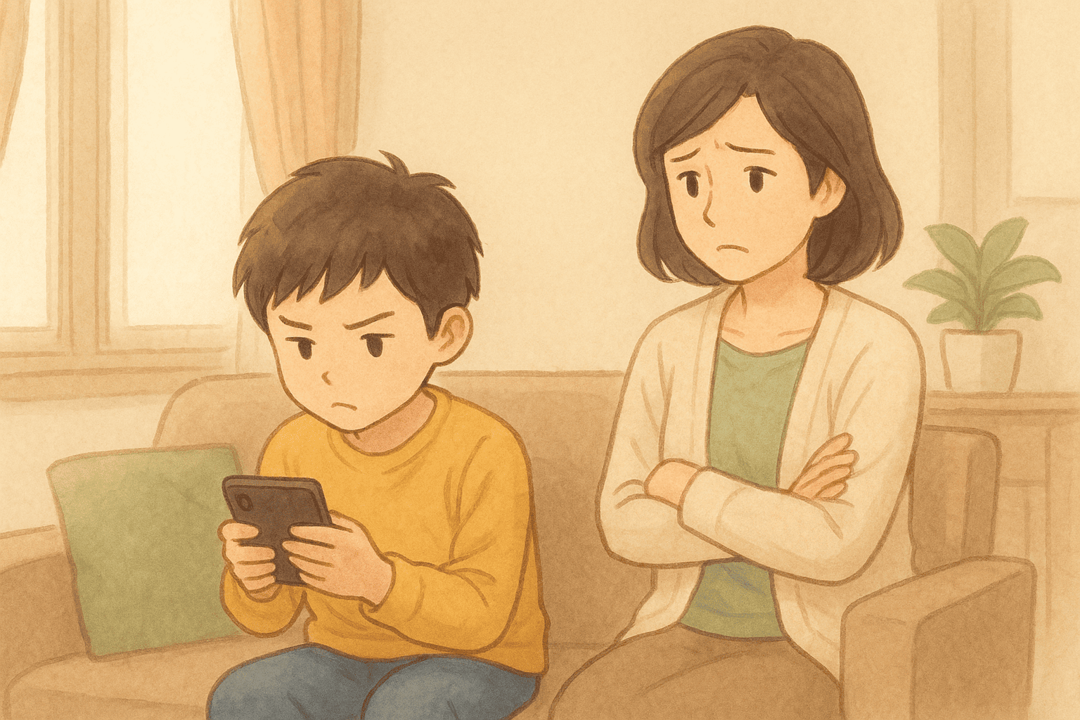 スマホに熱中する子どもを心配そうに見つめる母親の様子を描いたイラスト