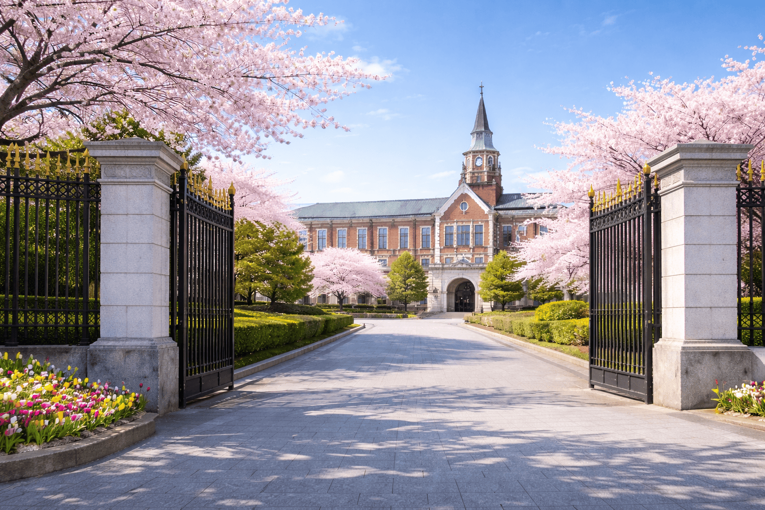 春の桜と学校の門