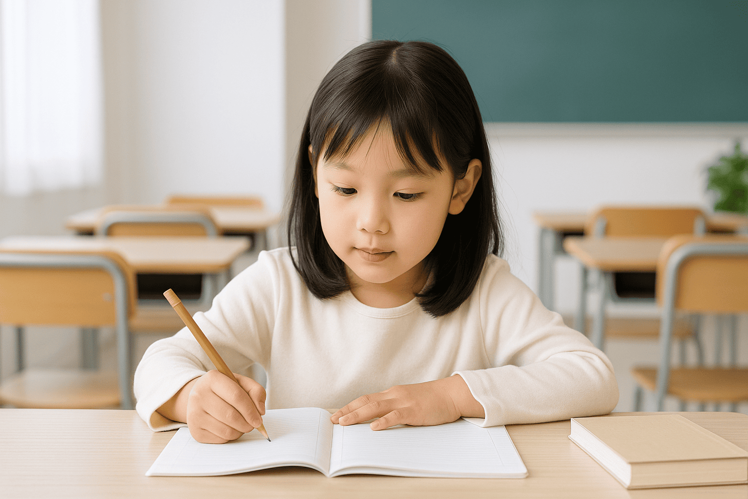 明るく清潔感のある塾の教室で、小学1年生の女子生徒がノートに向かって学習している様子
