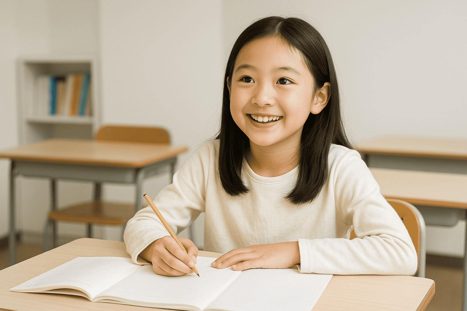 小３の女子生徒が、塾の教室で勉強に取り組んでいる様子