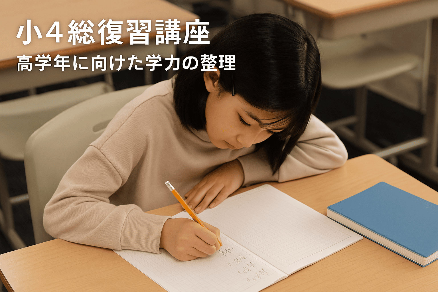 塾の教室で小学校４年生が算数の総復習に集中して取り組んでいる様子