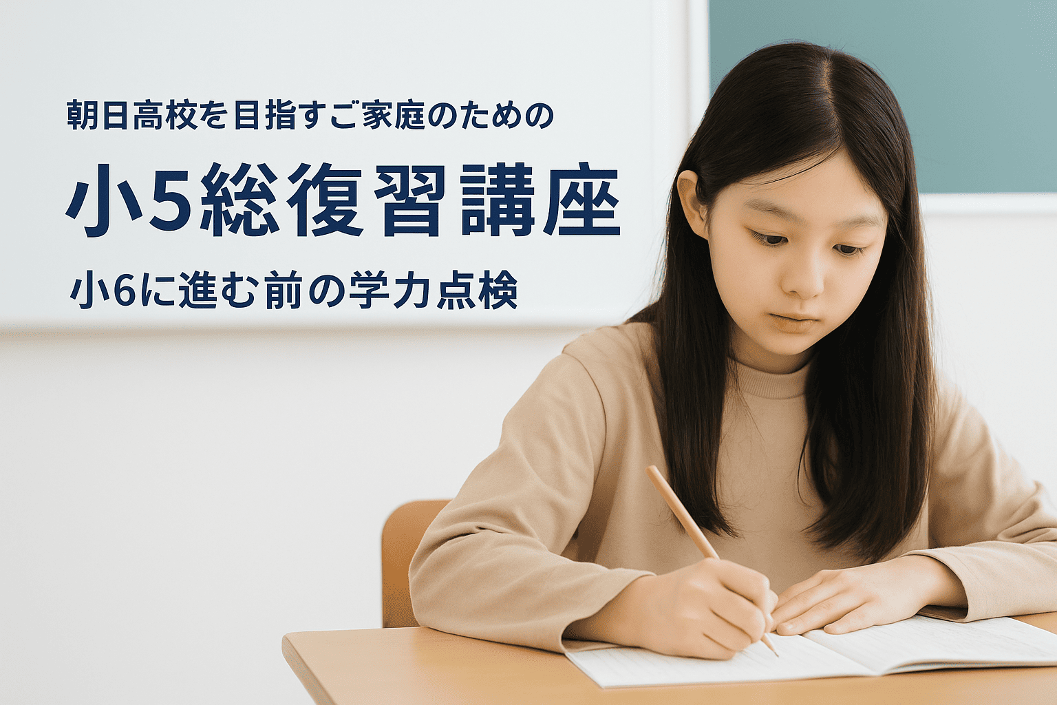 塾の教室で小学校5年生が算数の総復習に集中して取り組んでいる様子