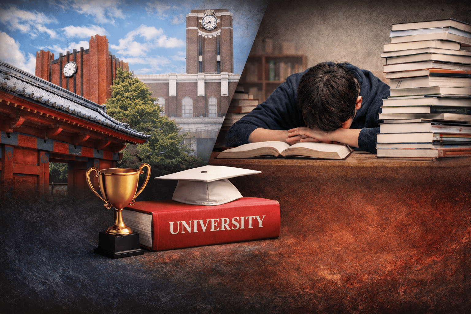 東大・京大・医学部を目指す学習をイメージした、大学の建物と机に伏せて勉強する生徒を対比した画像
